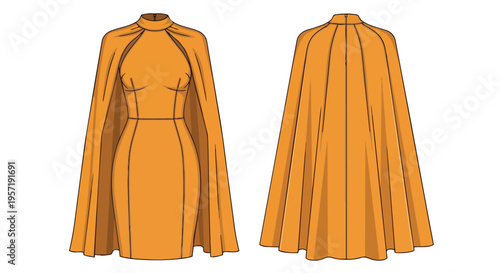 Vibrant saffron flowing cape gown technical drawing showcasing avant-garde evening wear design inspiration