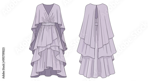 Sophisticated tiered evening gown design showcasing a graceful wrap bodice and voluminous cape sleeves, rendered in a lovely lavender hue, perfect