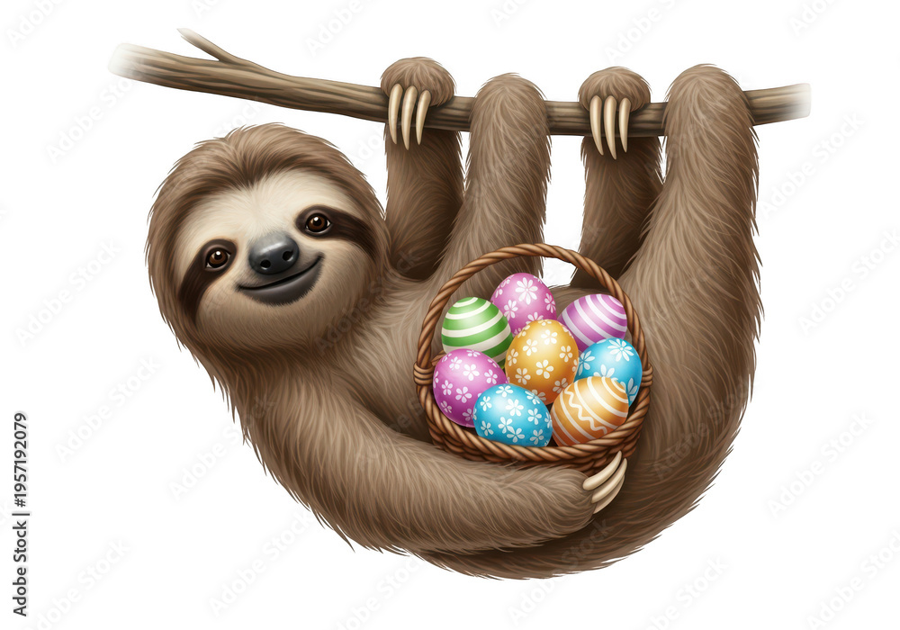 Fototapeta premium Smiling sloth hanging from a branch holding a basket full of colorful Easter eggs, isolated on transparent background, whimsical.