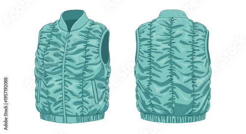 Illustrative vector graphic showcasing a modern quilted puffer vest with unique textured pattern front and back views. Ideal for various design