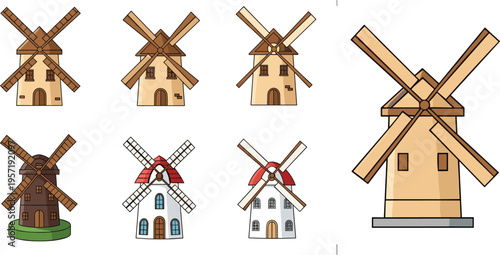 Cartoon Windmill House Collection with Rustic Rural Buildings, Traditional Farm Architecture and Vintage Mill Structures for Countryside Landscape Illustration Design