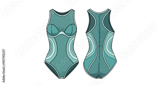 Front and back view illustration of a sleek modern one-piece swimsuit in beautiful teal and aqua shades featuring dynamic curved panel designs for