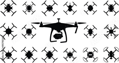 Large collection of black silhouettes featuring modern drones and quadcopters with cameras from top and side views isolated on white background.