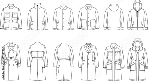 Large set of black and white flat sketch vector illustrations featuring men coats jackets parkas and hoodies for fashion design isolated on white
