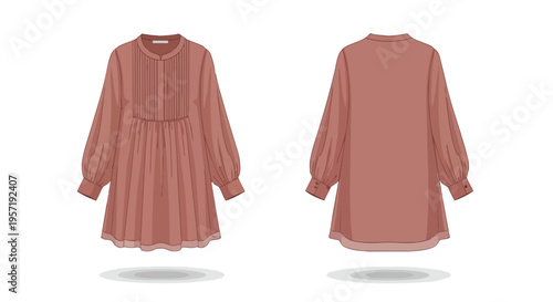 Elegant Terracotta Tunic Dress Flat Sketch with Pintuck Detail and Bishop Sleeves Front and Back View on White Background for Fashion Design Project