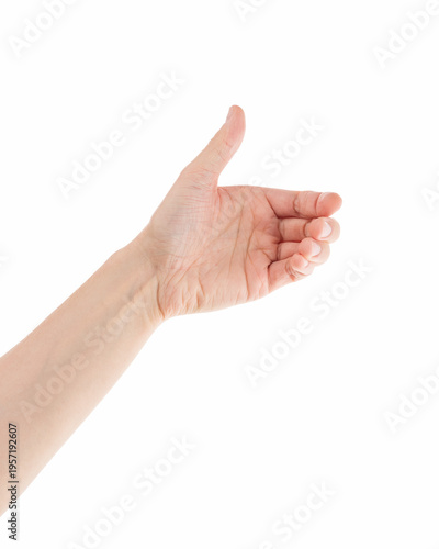Adult man hand hold something with fingers isolated on white background