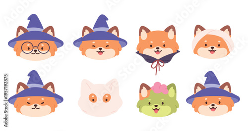 Funny fox characters avatars. Foxes naughty faces, in witch hat, zombie, mummy. Adorable wild animal characters, Halloween, vector clipart