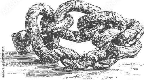 Heavy broken chain link lying isolated concept of strength, freedom, and release from bondage