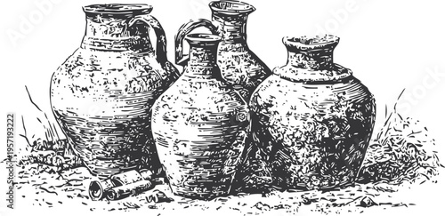 Antique clay jars and pots grouped on ground vintage pottery vessels and rustic containers illustration