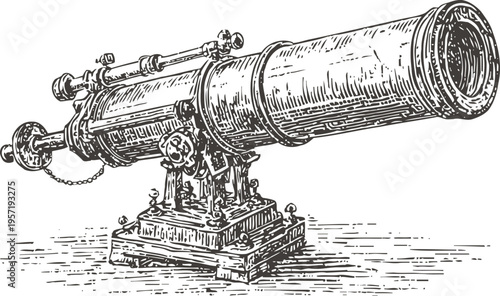 Antique brass telescope with mount engraved illustration, vintage optical instrument for astronomy and navigation