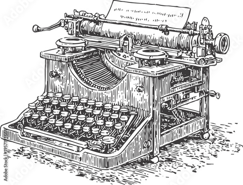 Vintage manual typewriter with paper sheet, old writing machine detailed sketch