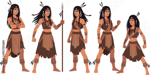 Tribal Warrior Woman Character Collection with Indigenous Female Fighter Poses, Traditional Clothing, Spear Weapon and Strong Combat Stances for Cultural and Historical Illustration Design