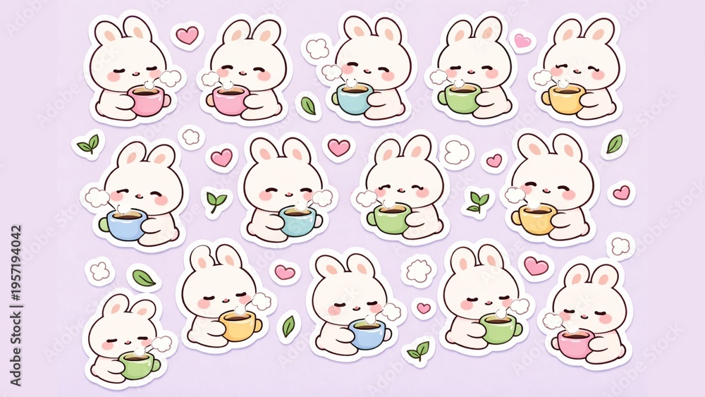 Fototapeta premium Adorable Collection of Kawaii Bunny Character Stickers Enjoying Warm Beverages and Coffee, Perfect for Digital Designs and Creative Projects