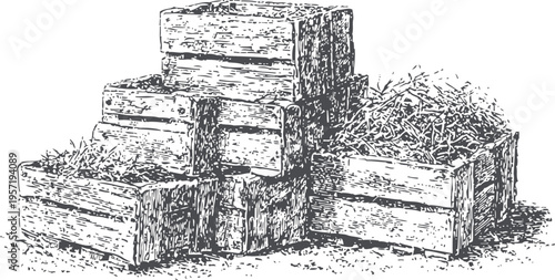 Stacked wooden crates filled with hay or straw for farming or storage purposes
