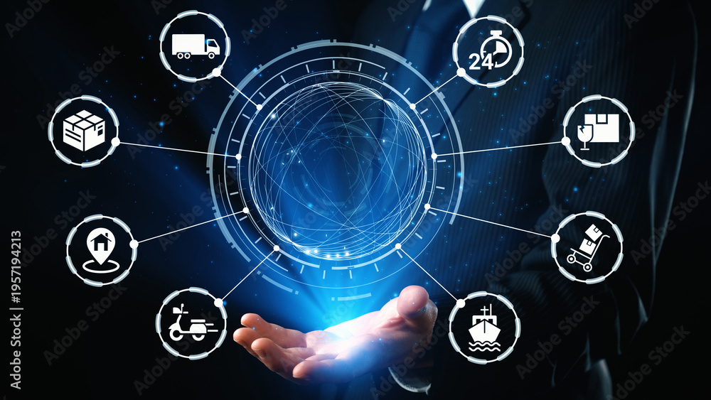 Obraz premium Goods delivery tracking icons show shipping, goods delivery routes, and logistics monitoring. Goods delivery tracking ensures timely goods delivery, secure handling, and accurate tracking. Gist