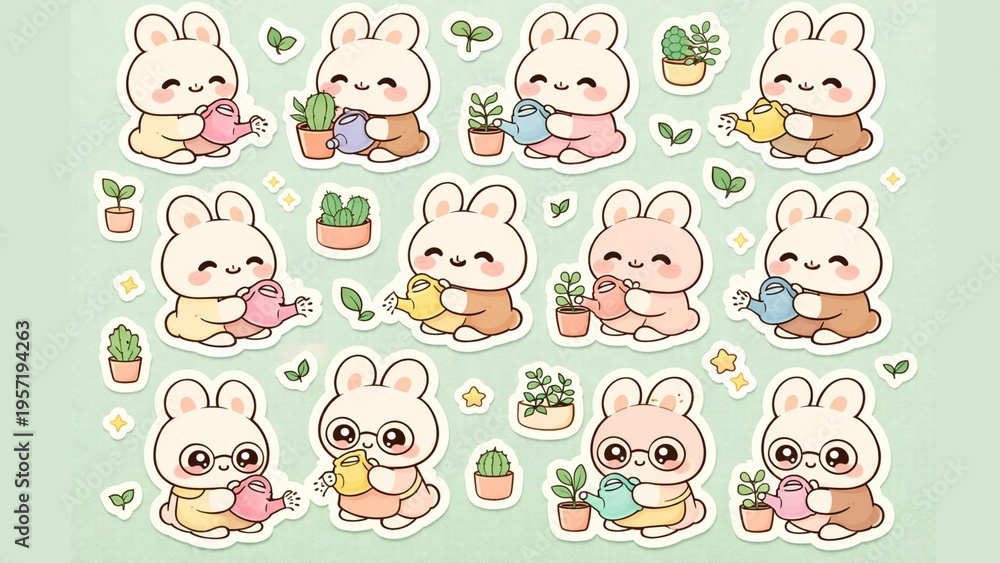 Fototapeta premium A delightful collection of adorable cartoon bunnies tending to potted plants with tiny watering cans, perfect for charming springtime and nature-themed designs