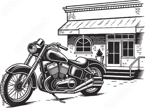 Classic motorcycle parked in front of a vintage brick building with an awning and entrance