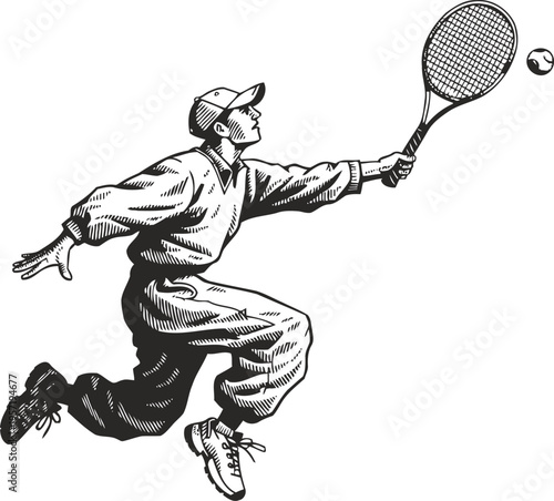 Tennis player leaping to hit ball with racket athletic man in sportswear, dynamic action pose, competitive game moment