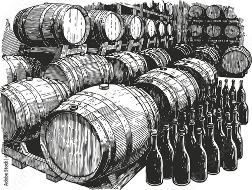 Wooden barrels and glass bottles arranged in storage room for aging wine or spirits