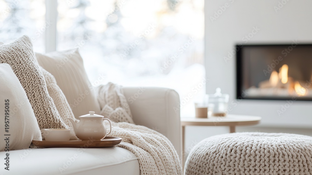 Obraz premium Cozy living room interior with warm fireplace, comfortable sofa, and hot tea on a winter day