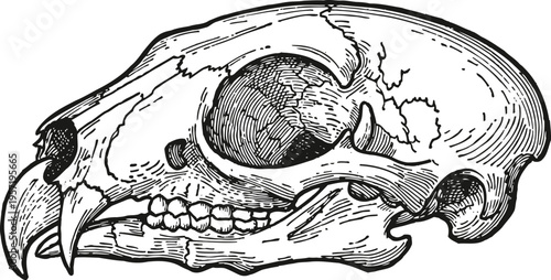 Detailed hand drawn illustration of an animal skull with sharp teeth and clawed beak