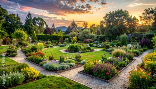 Beautiful Botanical Garden Landscape at Sunset with Colorful Flowers and Lush Greenery.