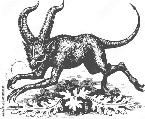 dark horned demon creature running over oak leaves with spooky and mythical atmosphere