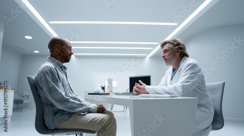 Cinematic side-angle shot inside a modern psychiatric consultation room with soft, diffused lighting and a clean, minimalist design. Two men sit across from each other at a sleek w