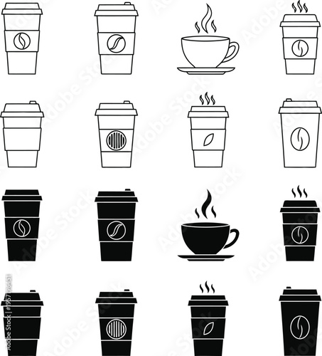 Collection of black and white coffee cup and coffee cup with steam and bean take away cup hot drink beverage