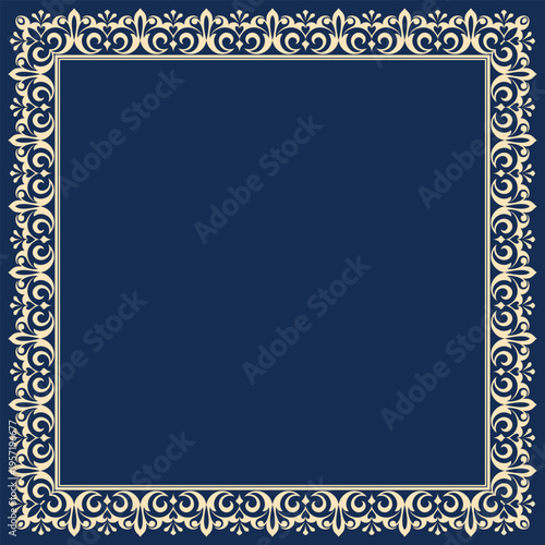 Decorative frame Elegant vector element for design in Eastern style, place for text. Floral blue and golden frame. Lace illustration for invitations and greeting cards