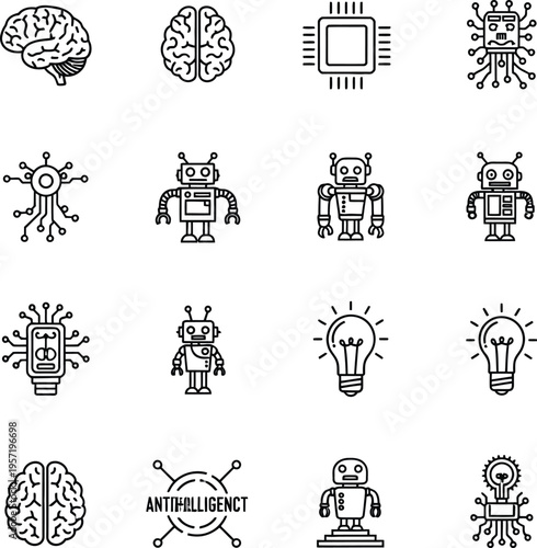 Collection of black line depicting brains robots lightbulbs and circuit boards brain robot lightbulb circuit board artificial intelligence