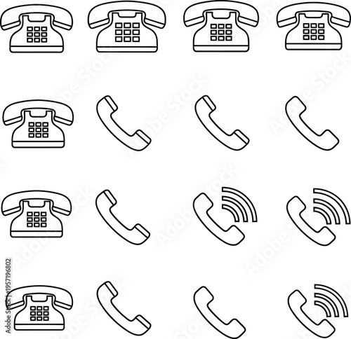 Collection of black outline depicting rotary telephones and handset symbols with sound waves rotary phone