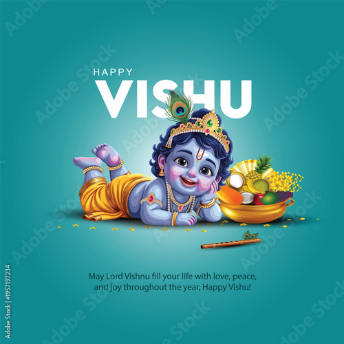 Happy Vishu greetings. April 14 Indian Kerala festival with Vishu Kani, vishu flower Fruits and vegetables in a bronze vessel. abstract vector illustration design