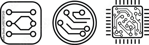 Three black and white representing electronic circuit board components technology symbol computer chip