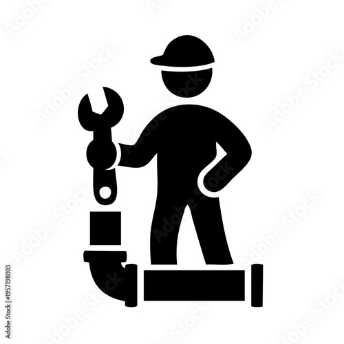 Logotipo con dibujo sencillo con la silueta de un fontanero con una llave inglesa en la mano y unas tuberías 