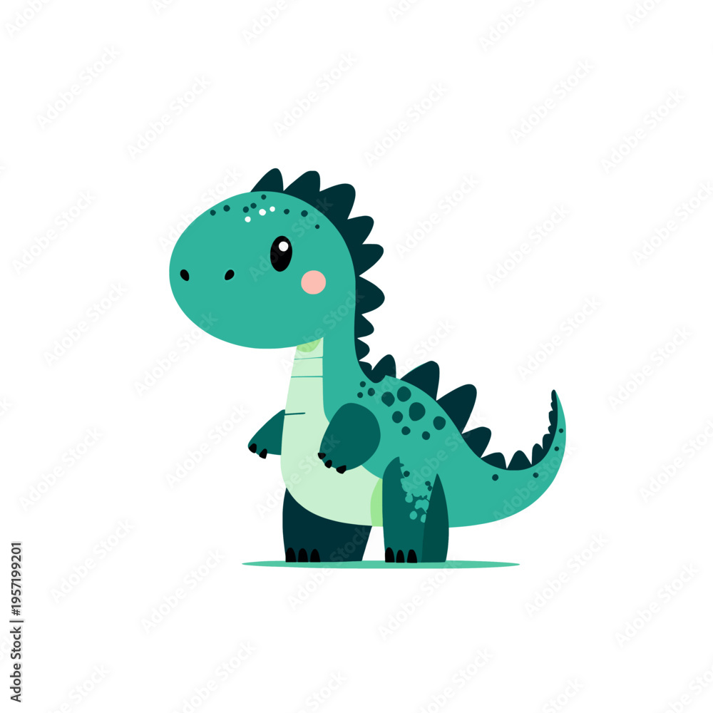 Fototapeta premium Cute cartoon dinosaur, green baby TRex character, standing and looking curious, isolated on white background, playful and friendly, ideal for childrens books and educational content