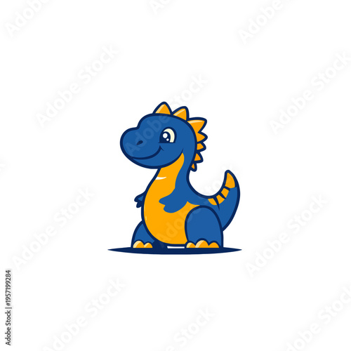 Cute blue dinosaur character with orange accents, standing and smiling, cartoon style, isolated on white background, representing childhood, fun, and imagination