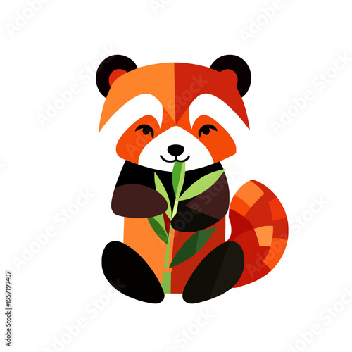Cute red panda eating bamboo, sitting, smiling, happy animal illustration, concept of wildlife, nature, and vegetarianism Adorable cartoon character with bushy tail and white face markings