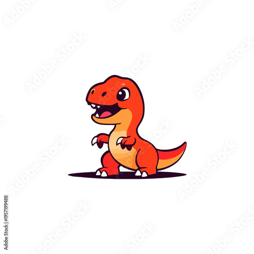 Cute cartoon baby TRex dinosaur, orange and yellow, standing and smiling with open mouth, isolated on white background, playful and friendly character for childrens media and educational content
