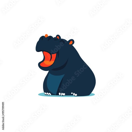 Cute cartoon hippo yawning widely with open mouth, showing teeth and tongue, isolated on white background Playful, happy, and energetic animal illustration for childrens books and designs