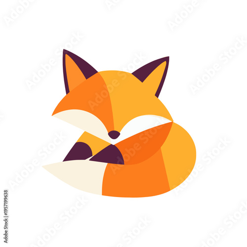Cute geometric fox illustration, curled up and sleeping peacefully Minimalist animal art with warm orange, cream, and purple colors Concept of nature, wildlife, and simplicity