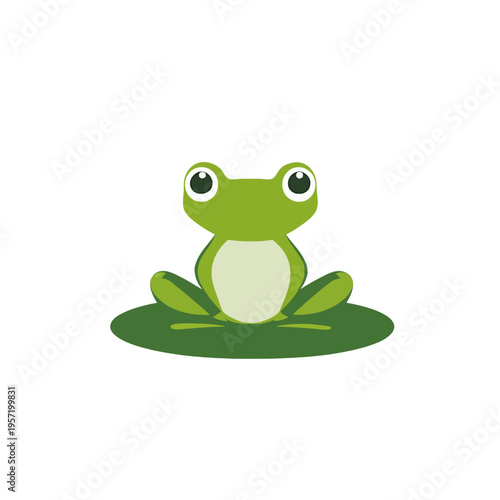 Cute green frog sitting on a lily pad, cartoon style, isolated on white background Adorable amphibian character, simple illustration for childrens books, nature, and summer themes