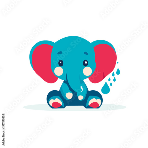 Cute baby elephant sitting, crying tears, with blue and pink ears, isolated on white background Concept of sadness, emotion, and childhood innocence