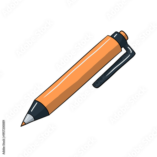 Hand drawn orange pen in flat cartoon style, representing writing, office supplies, education