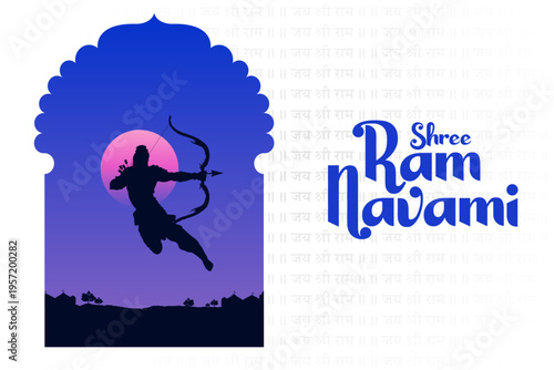 Lord Rama with bow arrow with Hindi text meaning Shree Ram Navami celebration background for religious holiday of India