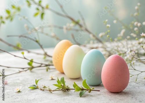 “Colorful Easter eggs in pastel tones on soft background, minimal composition, natural light, 4K, high resolution, copy space”
