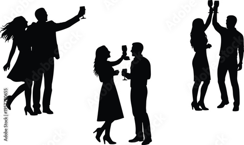 Couple celebration silhouettes drinking wine toasting love romantic party moment isolated on white background
