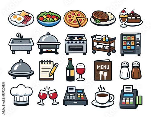Food, restaurant, and catering icons displaying various meals, kitchen appliances, menu, chef hat, wine, and payment terminals