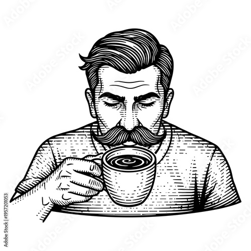 Man with Mustache Drinking Coffee Vintage Sketch