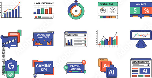Gaming KPI and player performance analytics data icon set